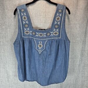 Wrangler Retro Women's Americana Chambray Embroidered Neck Tank Top XL Western
